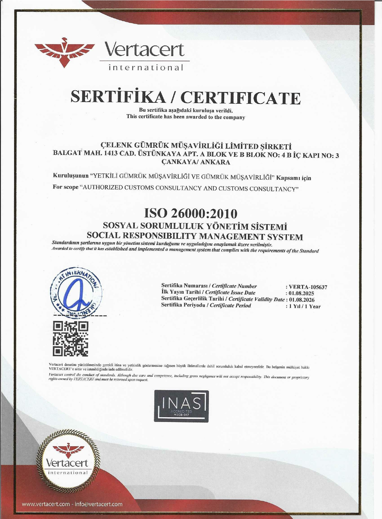 Çelenk Gümrük - ISO 26000 Sosyal Sorumluluk Yönetim Sistemi